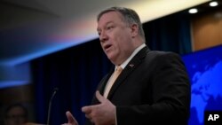 El secreario de Estado de EE.UU., Mike Pompeo, habló durante una conferencia de prensa el lunes, 22 de abril de 2019, en el Departamento de Estado en Washington.