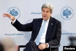 U.S. Secretary of State John Kerry delivers remarks at the U.S. Institute of Peace "Passing the Baton" conference in Washington, Jan. 10, 2017.