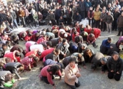 资料照：浙江乐清蒲岐镇寨桥村村民下跪乞求还村长钱云会公正。（2012年5月）