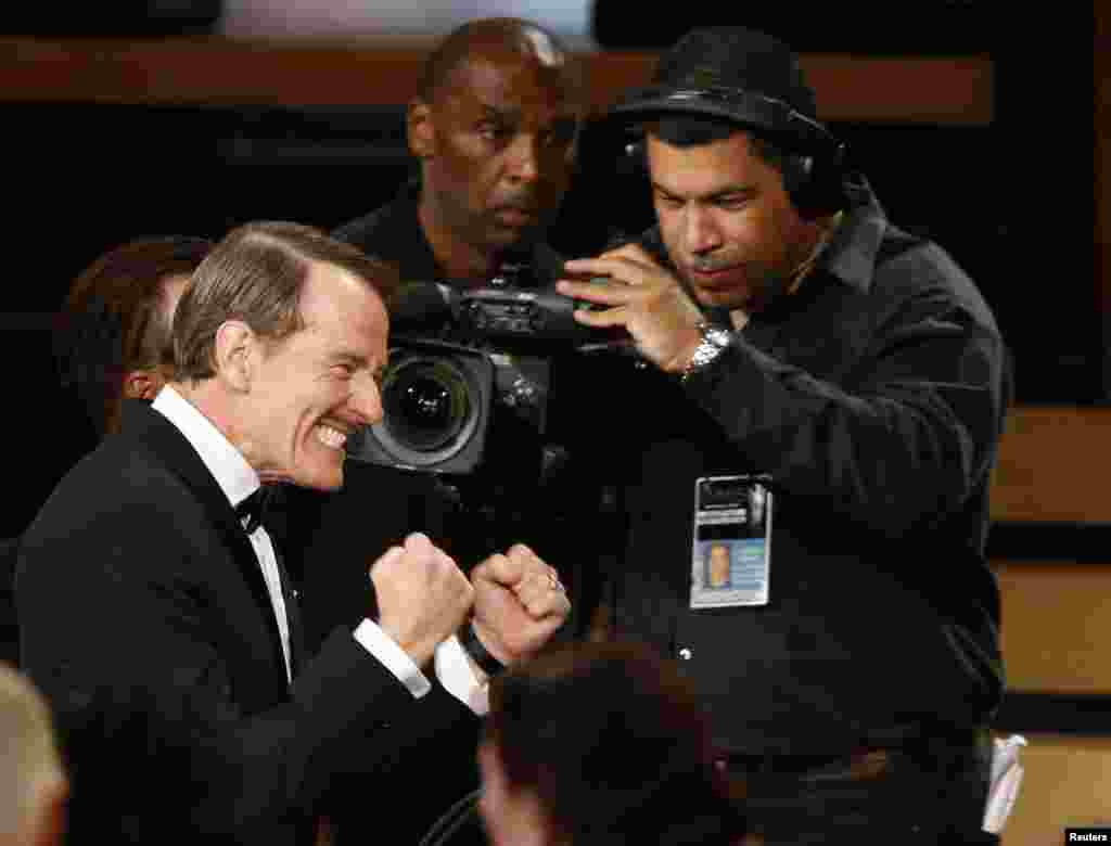 Actor Bryan Cranston reacts as he takes the stage after &quot;Breaking Bad&quot; was named Outstanding Drama Series during the 66th Primetime Emmy Awards in Los Angeles, Aug. 25, 2014.