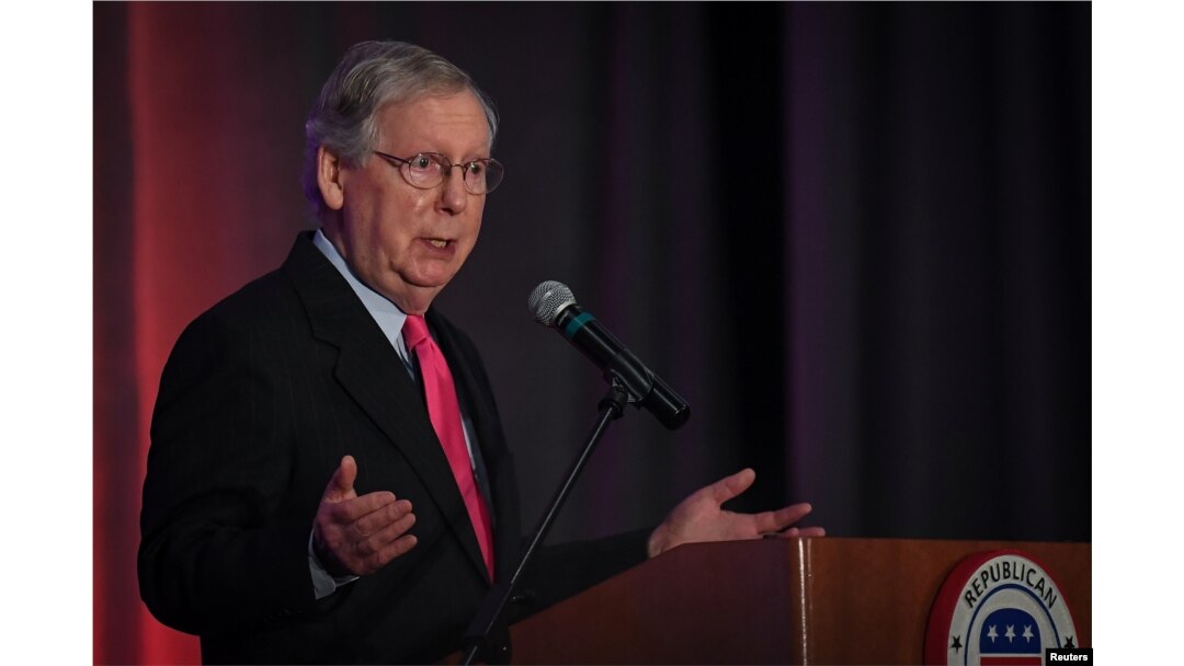 FILE - U.S. Senate Majority Leader Mitch McConnell speaks at the Republican Party of Kentucky's Lincoln Dinner in Louisville, Aug. 26, 2017.