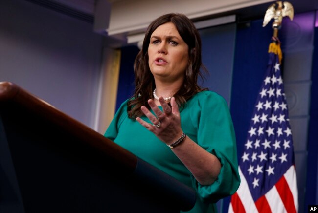 FILE - White House press secretary Sarah Sanders speaks during a press briefing at the White House, May 7, 2018.