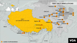Peta aksi bakar diri warga Tibet untuk menentang pemerintahan Tiongkok di wilayahnya (13/2). Hingga saat ini korban aksi bakar diri ini telah mencapai jumlah 101.