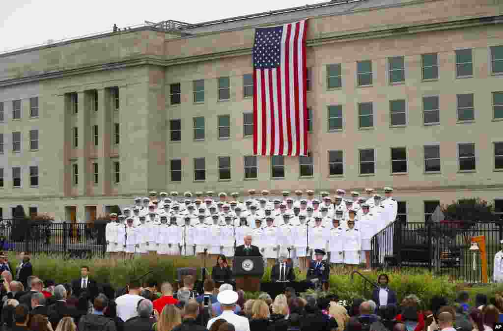 Vice President Mike Pence, center, speaks during the September 11th Pentagon Memorial Observance at the Pentagon, Sept. 11, 2018.
