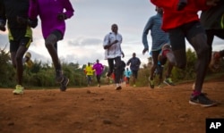 FILE - Kenyan athletes train together just after dawn, in Kaptagat Forest in western Kenya. World Anti-Doping Agency (WADA) officials declared Kenya's drug-fighting agency out of compliance.