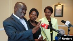 Kenyan commissioners Nkatha Maina (R), Margaret Mwachanya and Paul Kurgat from Kenya's Independent Electoral and Boundaries Commission (IEBC) attend a news conference where they announced their resignation in Nairobi, April 16, 2018.