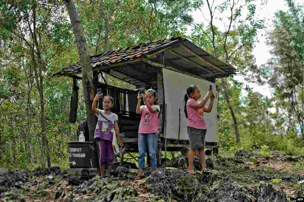 Elementary school students, aiming to study online using their smartphones, search for a better internet signal than in their village, on Temulawak hill in Yogyakarta, Indonesia.