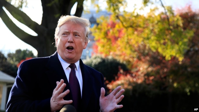 President Donald Trump speaks to the media at the White House in Washington, Nov. 20, 2018.
