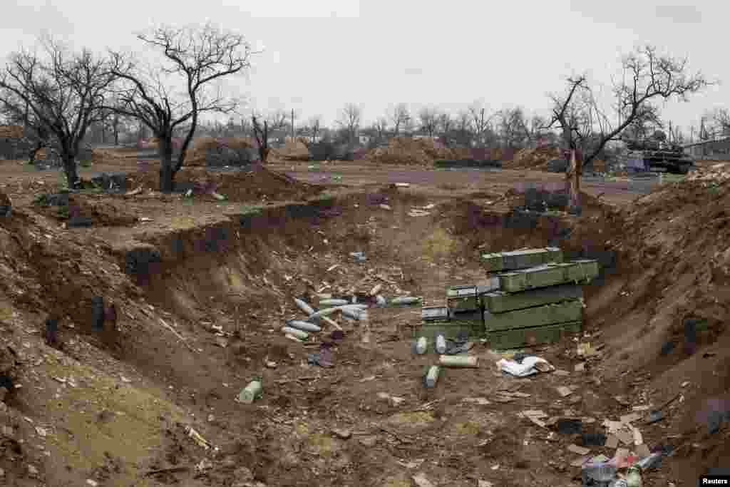 Ammunition in a ditch at a field in the town of Debaltseve, north-east from Donetsk, March 13, 2015.