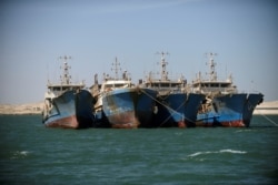 Kapal penangkap ikan China terlihat ditambatkan di lepas pantai Nouadhibou, Mauritania, 14 April 2018. (REUTERS/Sylvain Cherkaoui)