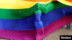 یک شرکت کننده در یکی از مناسبت های مربوط به همجنسگرایان در پرچم رنگین کمانی که نماد آنهاست. 