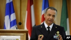 Vice Adm. Rinaldo Veri of Italy speaks during a press conference at NATO's base in Naples, Italy, March 24, 2011.