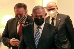 Dari kiri: Menlu AS Mike Pompeo, PM Israel Benjamin Netanyahu dan Menlu Bahrain Abdullatif bin Rashid Alzayani di Yerusalem, Israel, 18 November 2020.