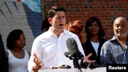 Speaker of the House Paul Ryan talks to reporters during an event to discuss the Republican Party's anti-poverty plan in Washington, D.C., June 7, 2016.