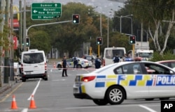 Police block the road near the shooting at a mosque in Linwood, Christchurch, New Zealand, March 15, 2019