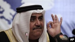 Bahraini Foreign Minister Sheik Khalid bin Ahmed Al Khalifa speaks during a press conference in Manama, Bahrain