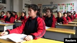 中国政府组织的对新疆喀什的参访中喀什居民在职业教育中心学习中文。（2019年1月4日）