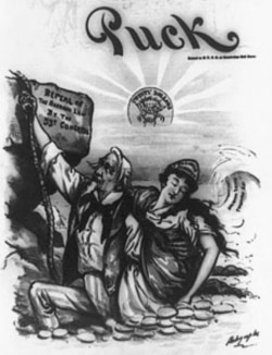 A cartoon from the political magazine Puck in support of ending silver purchases which were expanding the money supply