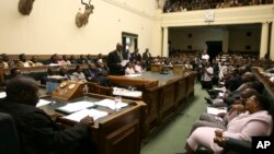 FILE: Then Zimbabwean Justice Minster Patrick Chinamasa, center, motions to pass constitutional amendment bill in parliament , Harare, Feb. 2009.