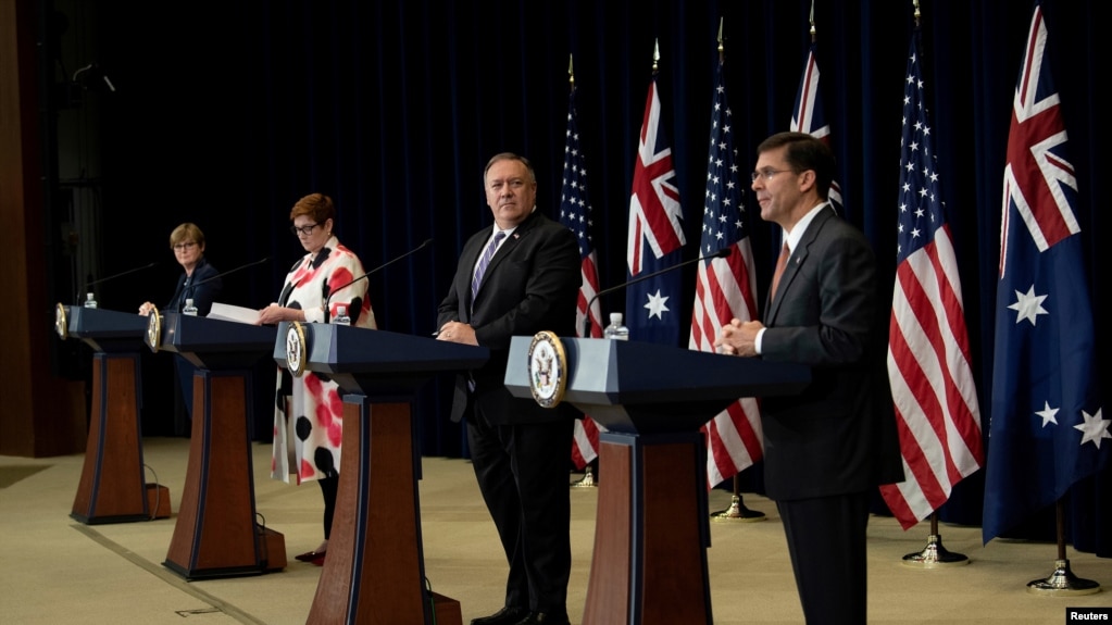 澳大利亚与美国在华盛顿举行2+2部长会议，双方在联合声明中表达对台湾支持。（2020年7月28日）(photo:VOA)