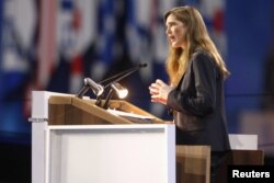Ambassador to the United Nations Samantha Power assures American Israel Public Affairs Committee conferees of continued U.S. support for the Jewish state, in Washington, March 2, 2015.