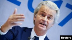 FILE - Netherlands' Party for Freedom leader Geert Wilders attends a news conference after a European far-right leaders meeting in Koblenz, Germany, Jan. 21, 2017.