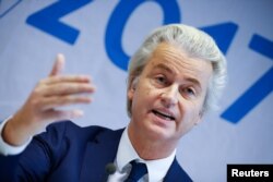 Netherlands' Party for Freedom leader Geert Wilders attends a news conference after a European far-right leaders meeting in Koblenz, Germany, Jan. 21, 2017.