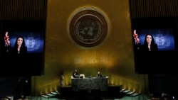 New Zealand Prime Minister Jacinda Ardern, in a pre-recorded message, addresses the 76th session of the U.N. General Assembly, Sept. 24, 2021, at U.N. headquarters.