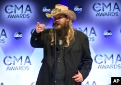 Chris Stapleton, winner of the awards for new artist of the year, album of the year for "Traveller," and male vocalist of the year, at the CMA Awards, Nov. 4, 2015.