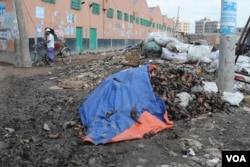 Discarded animal horns lie piled in the street in Hazaribagh, a residential neighborhood. (A. Yee/VOA)