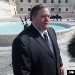 Jonathan Libby, a deputy federal public defender representing Xavier Alvarez, following his oral argument before the Supreme Court