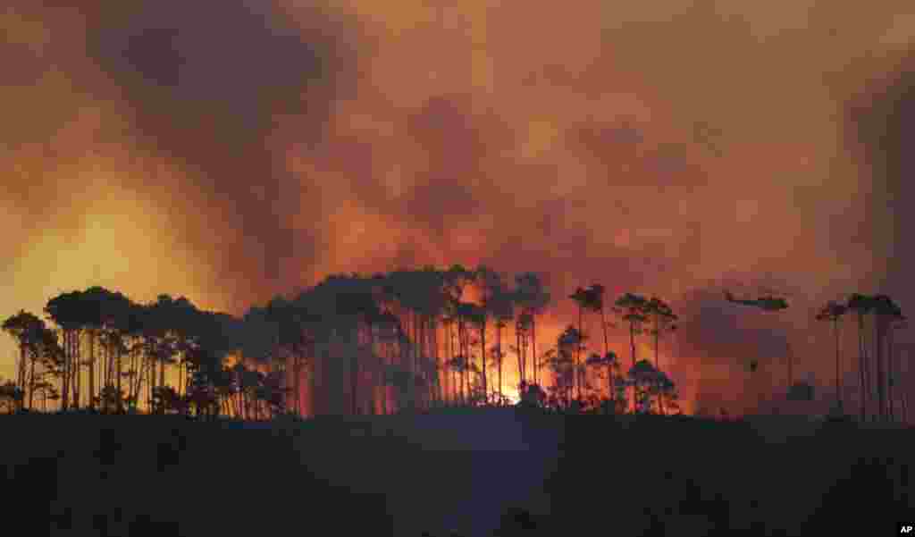A helicopter water bombs fire in the Tokai Forest near Cape Town, South Africa. A wildfire continues to burn across the city's southern peninsula.