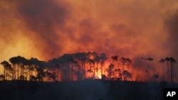 FILE - A helicopter water bombs a fire in the Tokai Forest, March 2, 2015, near Cape Town, South Africa. An new report warns that climate change could increase the number of wildfires by 50% by 2100.