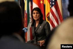 U.S. Ambassador to the United Nations Nikki Haley speaks to members of the media at U.N. headquarters in New York, Sept. 10, 2018.