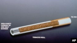 FILE - This is a diagram of R.J. Reynolds' Eclipse cigarette, which featured a carbon tip that was lit, heating the tobacco instead of burning it. The product did not do well during market tests; it was rebranded as Revo but still failed to catch on with consumers. The product is no longer listed on the company's website.