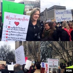 Demonstranti nose transparente i uzvikuju parole u Lafajet parku u blizini Bele kuće tokom protesta zbog predsedničke uredbe kojom se brani ulazak u zemlju državljanima sedam muslimanskih zemalja, u Vašingtonu, nedelja 29. januar 2017. (Photo: K. Gypson/VOA)