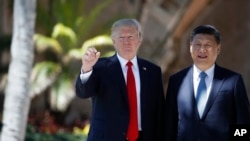 El presidente Donald Trump y el mandatario chino Xi Jinping durante una caminata por Mar-a-Lago, Florida, durante su primera reunión cumbre. Abril 7, 2017. 