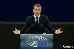 French President Emmanuel Macron delivers a speech before a debate on the Future of Europe at the European Parliament in Strasbourg, April 17, 2018.