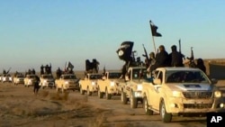 FILE - Militants of the Islamic State group hold up their weapons and wave flags on their vehicles in a convoy in Raqqa, Syria.