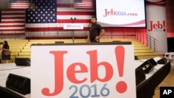 A technician performs a sound check at Miami Dade College where former Florida governor Jeb Bush is expected to announce his bid for the Republican presidential nomination, June 15, 2015, in Miami.