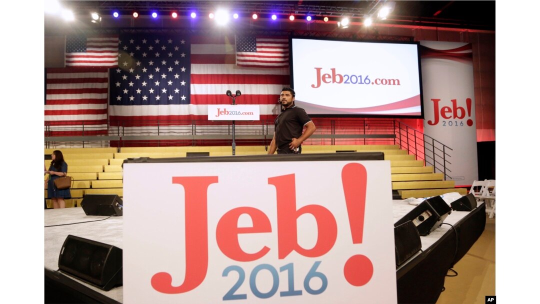 A technician performs a sound check at Miami Dade College before Jeb Bush announced his bid for the Republican presidential nomination, June 15, 2015, in Miami.