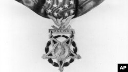 The Congressional Medal of Honor, the highest award for valor in action against an enemy force given to an individual serving in the Armed Services of the United States, is shown in this undated photo. 