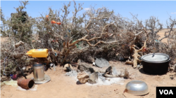 Fatuma Warsama's belongings are seen in a temporary camp in the Puntland desert, Somalia, March 2017 (N. Wadekar/VOA). Pastoralists like Fatuma travel miles in search of water and pasture.