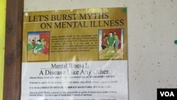 A pin-up poster promoting mental health awareness is seen on a wall at the offices of the Shizophrenia Foundation of Kenya in Ngong. (R. Ombuor/VOA)