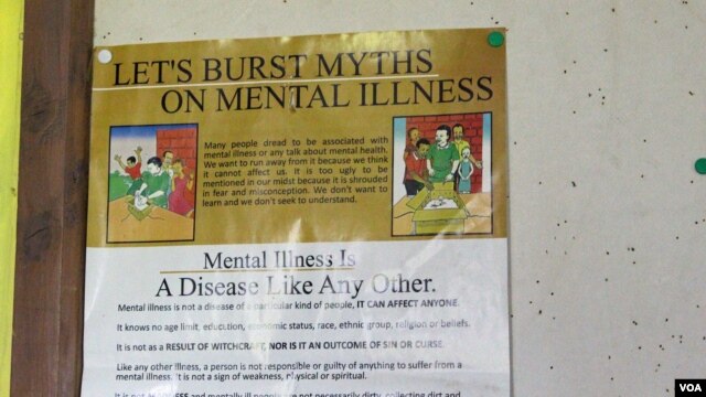 A pin-up poster promoting mental health awareness is seen on a wall at the offices of the Shizophrenia Foundation of Kenya in Ngong. (R. Ombuor/VOA)