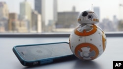 A photo shows Sphero's BB-8 droid toy in New York, Sept. 3, 2015. It’s just under 5 inches tall and makes cute little Droid sounds reminiscent of R2-D2. 