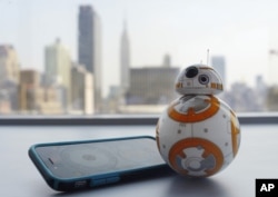 A photo shows Sphero's BB-8 droid toy in New York, Sept. 3, 2015. It’s just under 5 inches tall and makes cute little Droid sounds reminiscent of R2-D2.