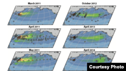 Mapa de Ken Buesseler muestra la radiación oceánica después del desastre de Fukushima.