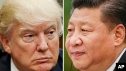 FILE - This combination of file photos shows U.S. President Donald Trump, March 28, 2017, in Washington (left), and Chinese President Xi Jinping, Feb. 22, 2017, in Beijing. 