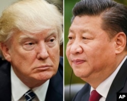 FILE - This combination of file photos shows U.S. President Donald Trump, March 28, 2017, in Washington (left), and Chinese President Xi Jinping, Feb. 22, 2017, in Beijing.